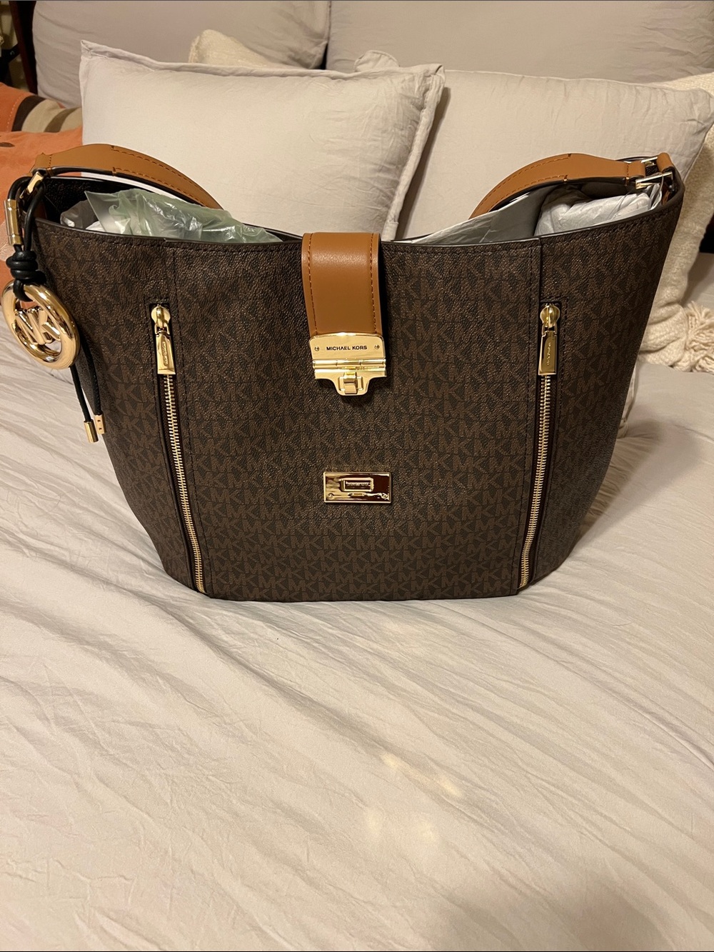 Michael Kors Brown Monogram Leather Tote with Tan Accents with MK bag charm NWT
